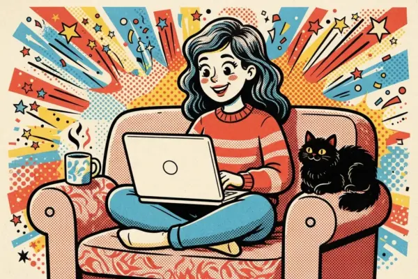 Illustration of a woman relaxing in an armchair with a laptop on her lap and a black cat curled up beside her.