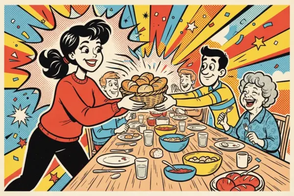 Illustration of a person passing around a basket of bread rolls at a full family dinner table.