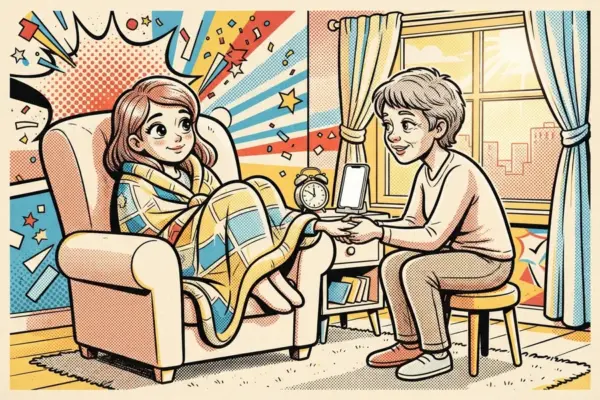 Una joven envuelta en una manta conversa con otra persona sentada junto a ella, cerca de una ventana soleada.