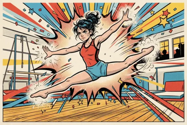 Comic-style illustration of a gymnast leaping into a mid-air split inside a gym.