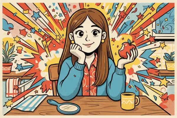 Ilustración pop-art de una persona sonriente sentada a la mesa, con la barbilla apoyada en una mano y una manzana roja en la otra, junto a una taza.