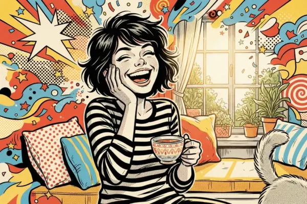 Ilustración pop-art de una persona riendo a carcajadas en un sofá, con una taza en la mano, rodeada de cojines y luz de ventana.