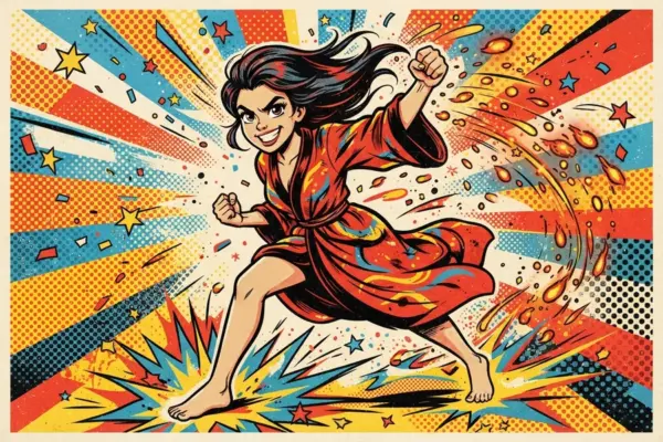 An illustrated girl in a red robe lunges forward through bursts of fire and sparks.