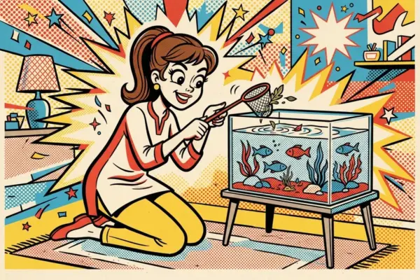 Ilustración de una mujer arrodillada frente a un acuario limpiándolo con una redecilla.