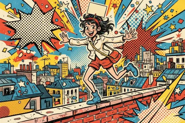 Comic-style illustration of a girl running joyfully along a rooftop ledge above a colorful city skyline.