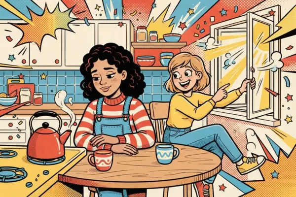 Retro comic-style illustration of two girls at a kitchen table with a steaming kettle, one opening a window while the other sits looking thoughtful.