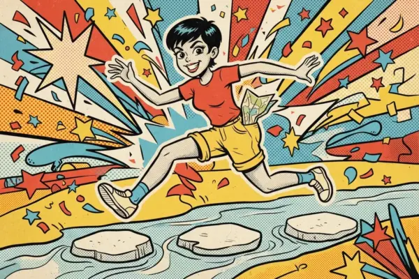 Comic-style illustration of a man leaping across stepping stones over water with a map tucked at his side.