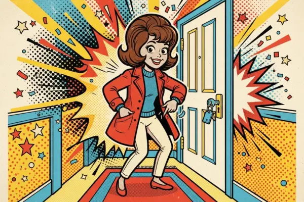 Ilustración de cómic pop de una mujer sonriente con las manos en la cintura en la entrada de una casa, con el llavero puesto en la cerradura de la puerta.