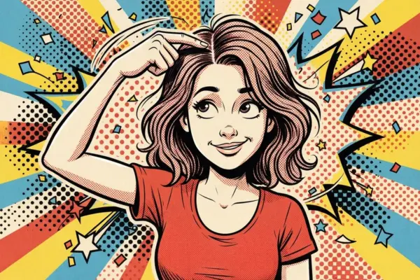 Девушка с тёмными волосами в красной футболке уверенно держит руку у макушки на ярком фоне.