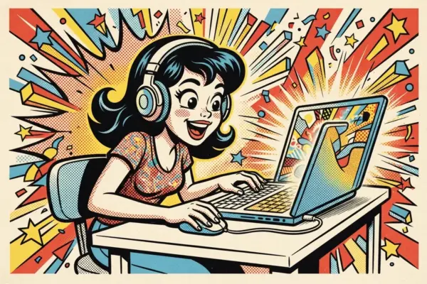 Illustration of a woman wearing headphones at a desk, typing on a laptop with a bright, colorful screen and a mouse in hand.