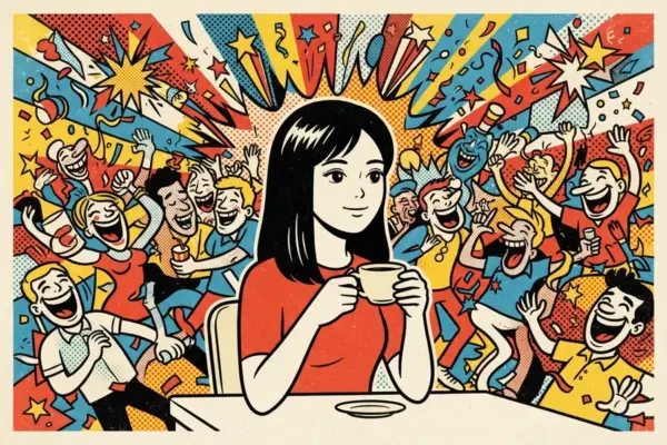 Ilustración de una joven sentada con una taza en las manos, rodeada de una multitud eufórica y colorida de fondo.