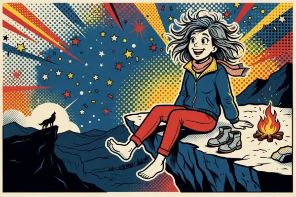 Ilustración pop art de una mujer descalza sentada sobre una roca de noche, junto a una hoguera y con un lobo a lo lejos.