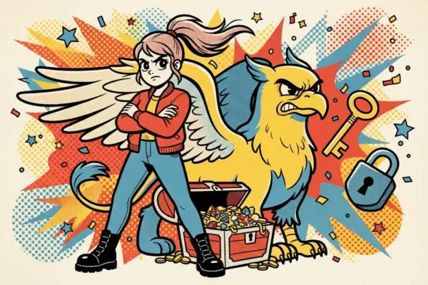 Ilustración pop-art de una chica seria con los brazos cruzados junto a un grifo de cuerpo felino y cabeza de águila, ambos vigilando un cofre del tesoro abierto.
