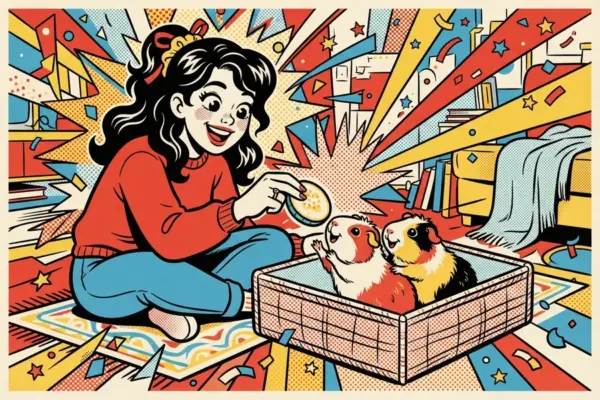 Ilustración de una chica sentada en el suelo dando de comer a dos cobayas en una caja.