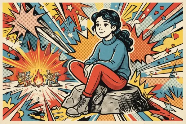 Ilustración de una chica sentada sola sobre una roca, apartada de un grupo que está junto a una fogata a lo lejos.