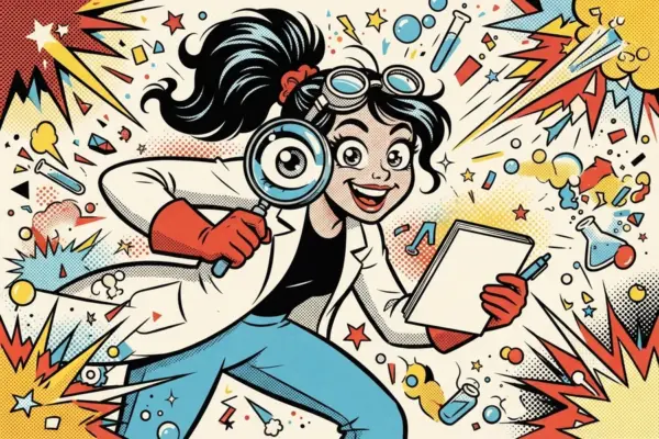 Illustration of an excited scientist holding a magnifying glass and a notebook, surrounded by lab flasks and sparks.