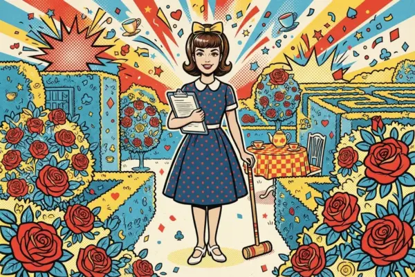 Ilustración de una chica con portapapeles y un mazo de cróquet entre setos y rosales con motivos de cartas de baraja.