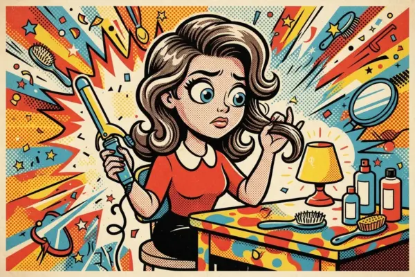 Comic-style illustration of a woman at a vanity table holding a heat styling tool near her hair, surrounded by bottles and brushes.