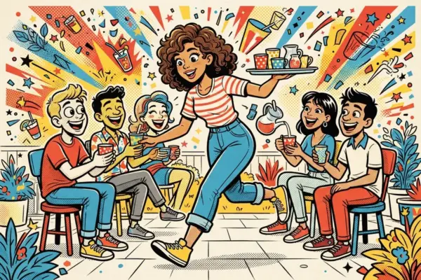 Ilustración de una chica llevando una bandeja de bebidas hacia un grupo de amigos sentados.