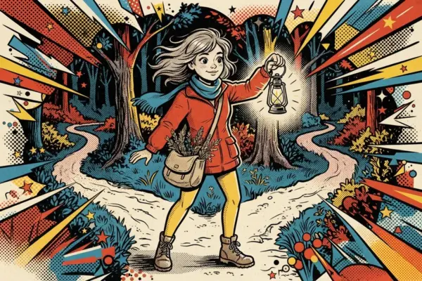 Ilustración de una chica caminando por un sendero en el bosque con un farol encendido y hierbas en su bolso.