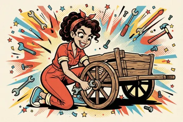 Ilustración de una chica reparando la rueda de un carrito de madera con una llave, rodeada de herramientas.