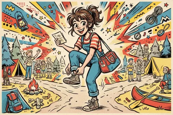 Ilustración de una chica atándose el cordón del zapato en un campamento animado, con mochila, canoa y otros campistas alrededor.