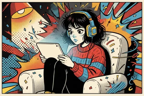 Comic-style illustration of a girl curled in an armchair wearing headphones and looking at a tablet.