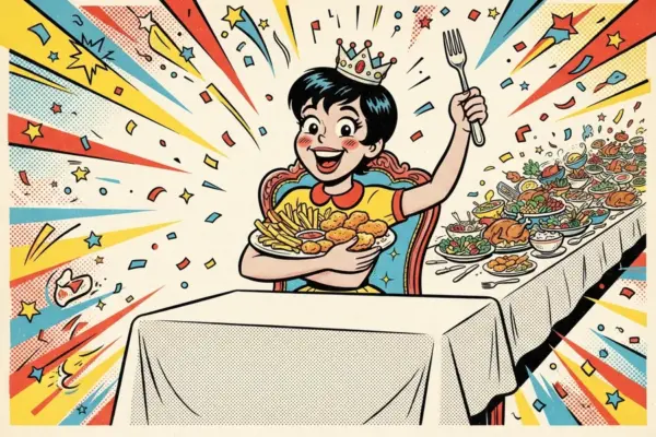 Retro comic illustration of a crowned diner hugging a plate of simple favorites while a huge untouched feast spreads out behind them.
