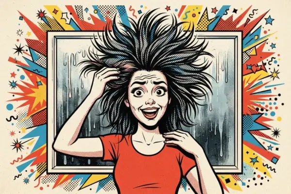 Comic-style illustration of a woman laughing with her hair standing up wildly in front of a foggy, dripping window.