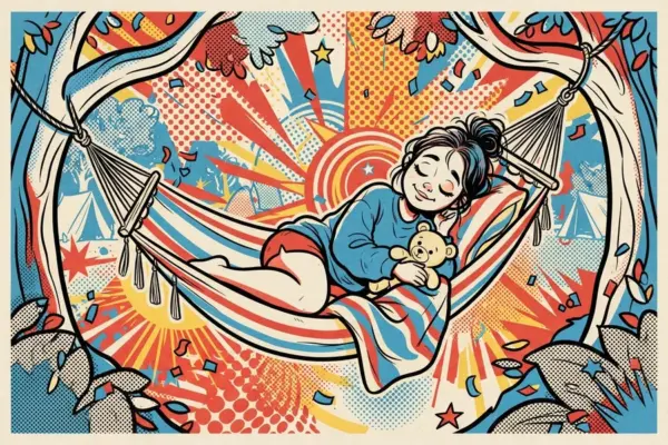 Ilustración de una chica durmiendo plácidamente en una hamaca, abrazando un osito de peluche.
