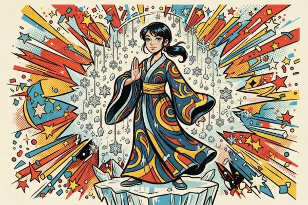 An illustrated girl in a patterned robe stands on a block of ice with snowflakes swirling around her.