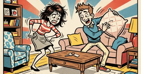 Illustrated woman patting down her skirt pocket in alarm while a man behind her swings a pillow, a set of keys sitting untouched on the table between them.