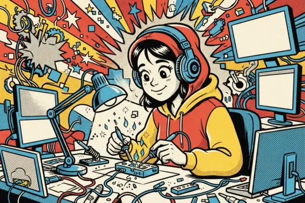 Ilustración de una chica con auriculares soldando un circuito en un escritorio lleno de monitores y cables.