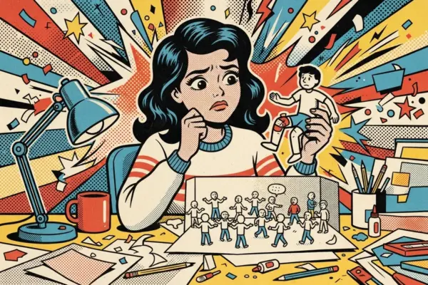 A worried writer at a cluttered desk, watching a small paper figure held up in another hand beside a drawing of a crowd.