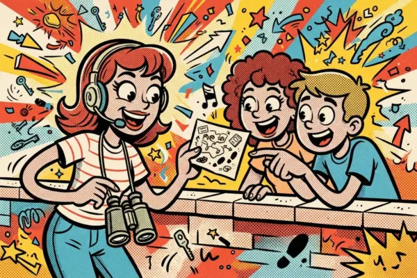 Comic-style illustration of a person holding binoculars and a hand-drawn map, pointing something out to two curious friends.