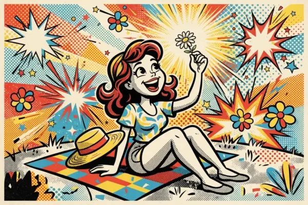 Illustration of a person sitting on a picnic blanket in bright sunshine, smiling and holding up a daisy.