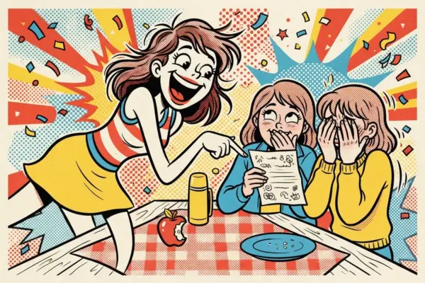Comic style illustration of a woman laughing and pointing at a note while two kids cover their mouths in embarrassed laughter at a picnic table.