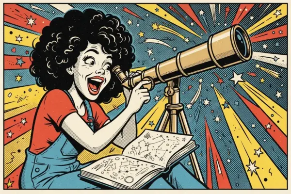 Ilustración de una joven mirando por un telescopio con un libro de astronomía abierto delante.