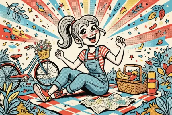 Ilustración de una joven sentada en una manta de pícnic al aire libre, junto a una bicicleta y una cesta de fruta, con un mapa desplegado.