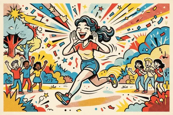 Ilustración de una chica corriendo y saludando con entusiasmo hacia dos grupos distintos de amigos.