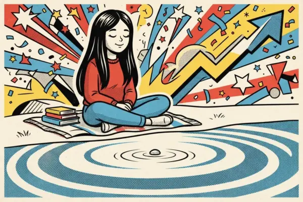 Ilustración de una joven sentada con las piernas cruzadas junto a un estanque, con los ojos cerrados y unos libros al lado.
