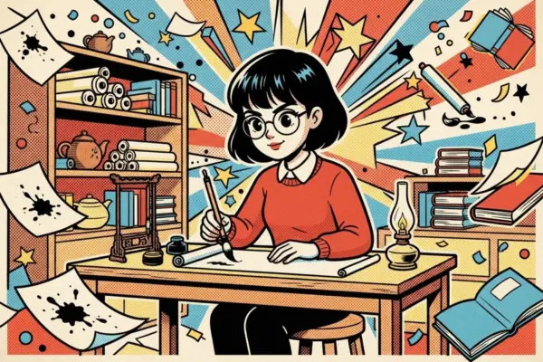 Ilustración de una joven con gafas escribiendo a mano en un escritorio rodeado de libros y estanterías.