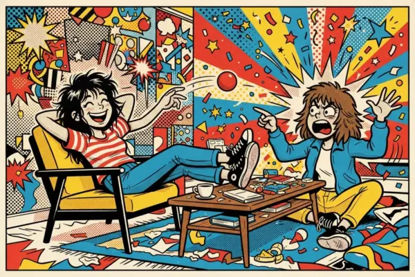 Ilustración de dos personas discutiendo con gestos exagerados junto a una mesa baja, en una sala llena de color al estilo cómic.