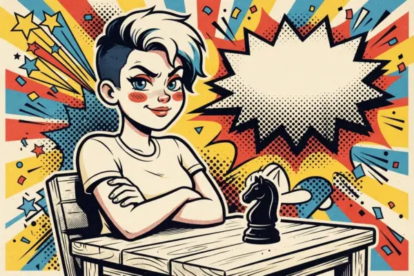 Illustration of a smirking young person sitting at a table with a chess knight piece and a large speech bubble behind them.