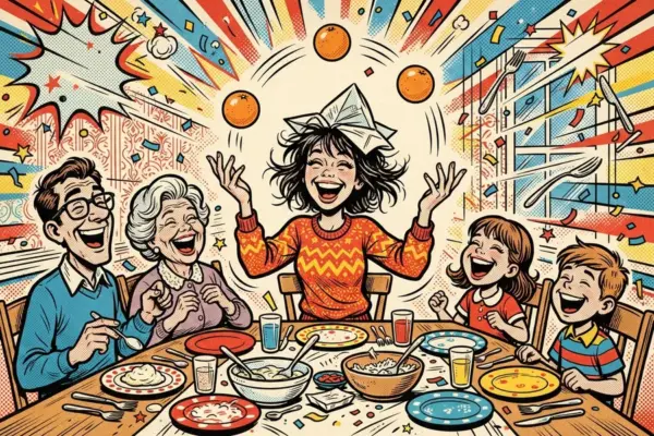 Illustration of a person laughing while juggling oranges at a lively family table.