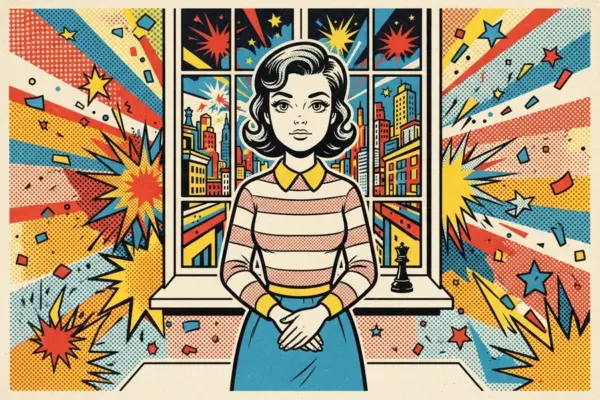 Comic-style illustration of a woman standing calmly by a window with a chess piece on the sill.