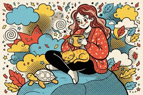 Ilustración de una mujer tranquila con un gato dormido en el regazo y una tortuga cerca, sosteniendo una taza entre nubes y hojas de otoño.