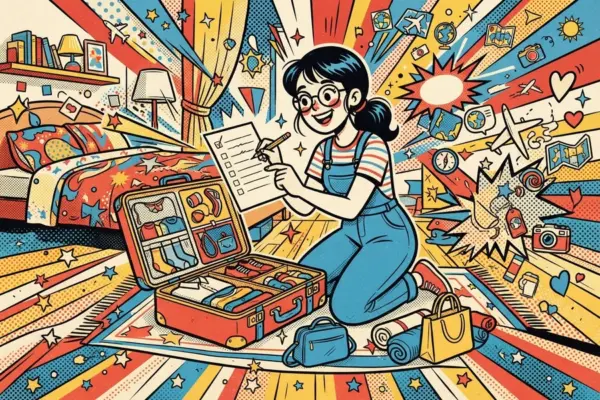 Ilustración de una joven con gafas haciendo una maleta con cuidado, junto a una lista de verificación escrita a mano.