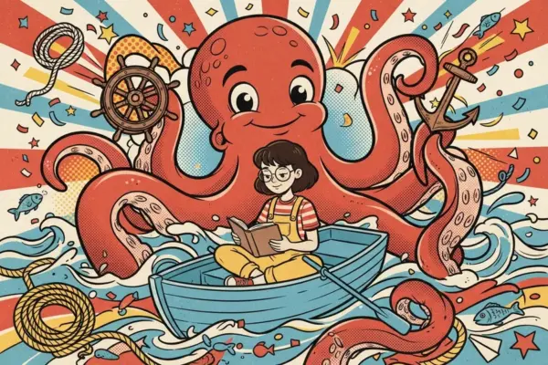 Ilustración pop-art de una niña con gafas leyendo tranquila dentro de una barca de remos, rodeada por enormes tentáculos rojos de un kraken sonriente que sostienen un timón y un ancla.