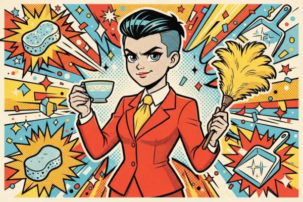 Illustration of a sharply dressed young man holding a teacup and a feather duster, surrounded by cleaning supplies.